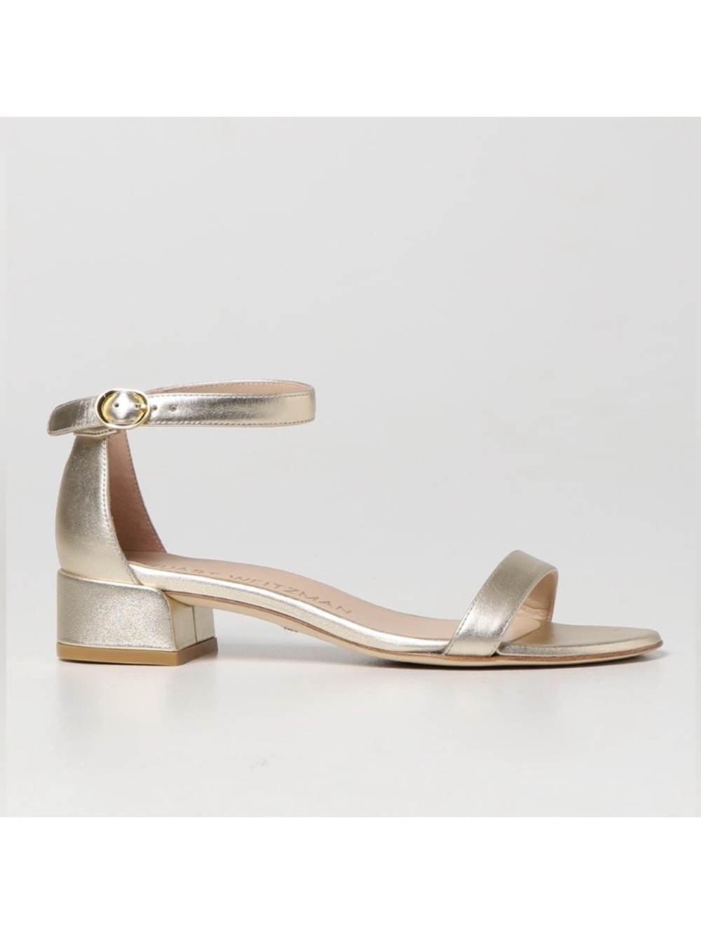 Stuart Weitzman Metallic Gold Ankle-Strap Low Block Heel Sandals, Size 6